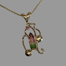 Load image into Gallery viewer, 14K gold pendant with a multicolored Tourmaline, leaves and vines and a pink sapphire
