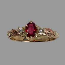 Load image into Gallery viewer, 14K gold ring with an oval ruby and two smaller diamonds with leaves and vines
