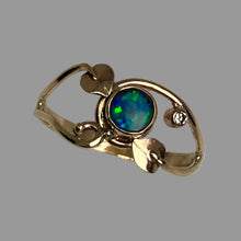 Load image into Gallery viewer, 14K gold ring with a bezel set green opal, 2 leaves, and a small diamond.
