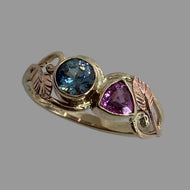 14K yellow and rose gold ring with Montana Sapphire and pink Sapphire  with leaves