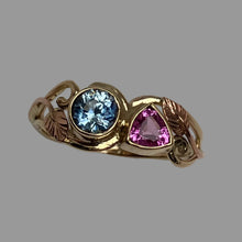 Load image into Gallery viewer, 14K rose and yellow gold open work ring with a pink Sapphire and blue Montana Sapphire with leaves
