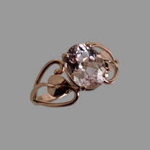 Load image into Gallery viewer, Rose gold ring with open heaarts on the side,  2 leaves and an oval faceted pink Morganite gem.
