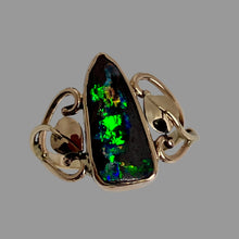 Load image into Gallery viewer, Handmade open-heart with leaves ring with a long freeform  triangle Boulder Opal in the center
