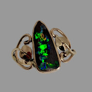 Handmade open-heart with leaves ring with a long freeform  triangle Boulder Opal in the center