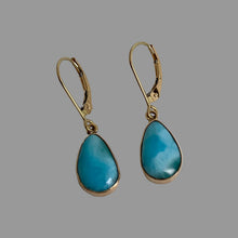 Load image into Gallery viewer, 14K gold earrings with  pear shaped marbled turquoise color stones set in handmade bezels
