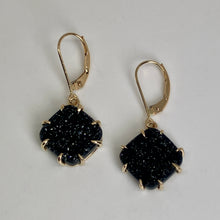 Load image into Gallery viewer, A pair of 14K yellow gold leverback drop earrings featuring square-shaped druzy black onyx held by 8 hand fabricated gold prongs.
