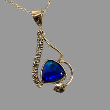 Load image into Gallery viewer, 14K yellow gold pendant with a fine triangle cabochon  blue/green/purple opal and 10 pavé-set diamonds, leaf and vine
