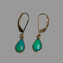 Load image into Gallery viewer, A pair of 14K gold leverback drop earrings with teardrop-shaped green/blue opal gemstones.
