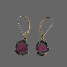 Load image into Gallery viewer, freeform watermelon tourmaline slices in 5 handmade 14k gold prong settings, pink centers, blue boarders
