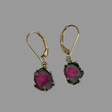 Load image into Gallery viewer, Unusual pInk and blue watermelon tourmaline slices in 14K gold handmade prongs, on 14K gold eurowires
