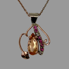 Load image into Gallery viewer, Lavalier with tear shaped Imperial Topaz in 14K rose and white gold,  pink sapphires and diamonds 
