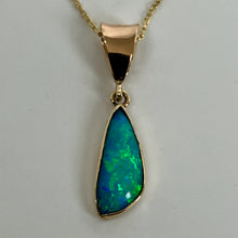 Load image into Gallery viewer, trianglular green/blue opal pendant bezel set in 14K yellow gold with a solid gold bale
