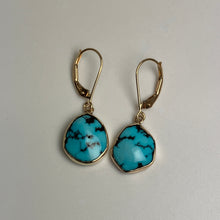 Load image into Gallery viewer, Natural Turquoise with black matrix spiderrweb earrings with 14K gold 
