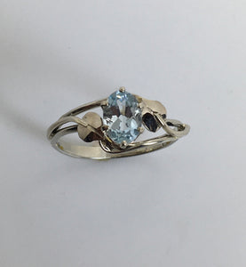 brilliant sparkling light blue Aquamarine ring with leaves and vines in  14K white gold