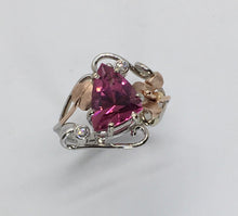 Load image into Gallery viewer, vibrant pink/red triangular gem with rose and white gold
