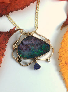 Boulder Opal and Tanzanite Necklace in Autumn Colors