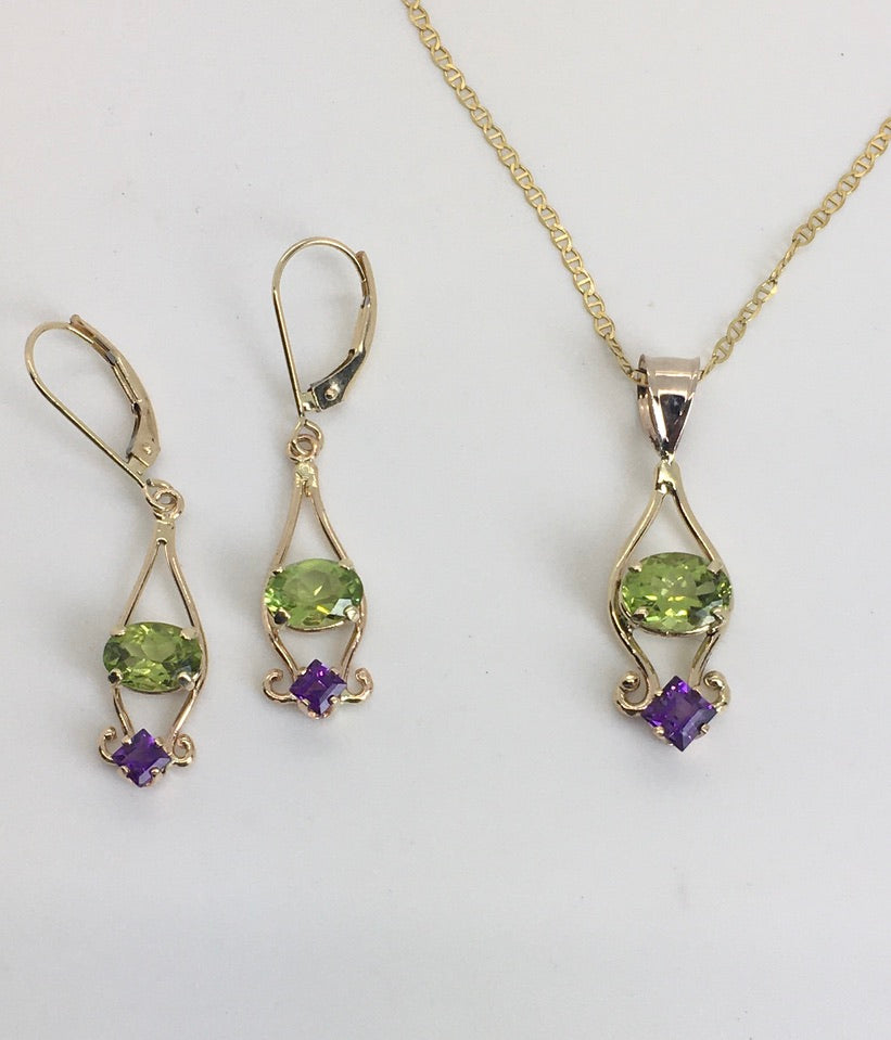 Peridot Amethyst Earrings Pendant Set - Main Image