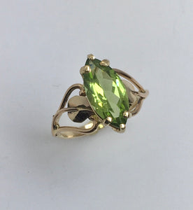Peridot Marquis Cut Open Heart with Leaves Ring