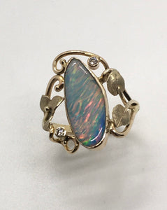 Free Form Oval Opal Ring with Ivy Leaves