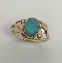 Load image into Gallery viewer, Blue/Green Opal Ring with Diamonds and Leaves
