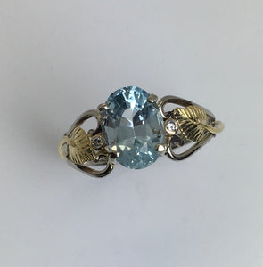 Aquamarine Open Heart with Leaves  & Diamonds Ring