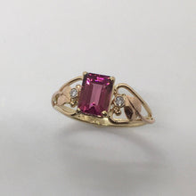 Load image into Gallery viewer, hot pink emerald cut tourmaline ring with diamonds
