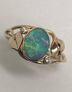 Blue/Green Opal Ring with Diamonds and Leaves