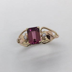 deep bright pink tourmaline, emerald cut ring