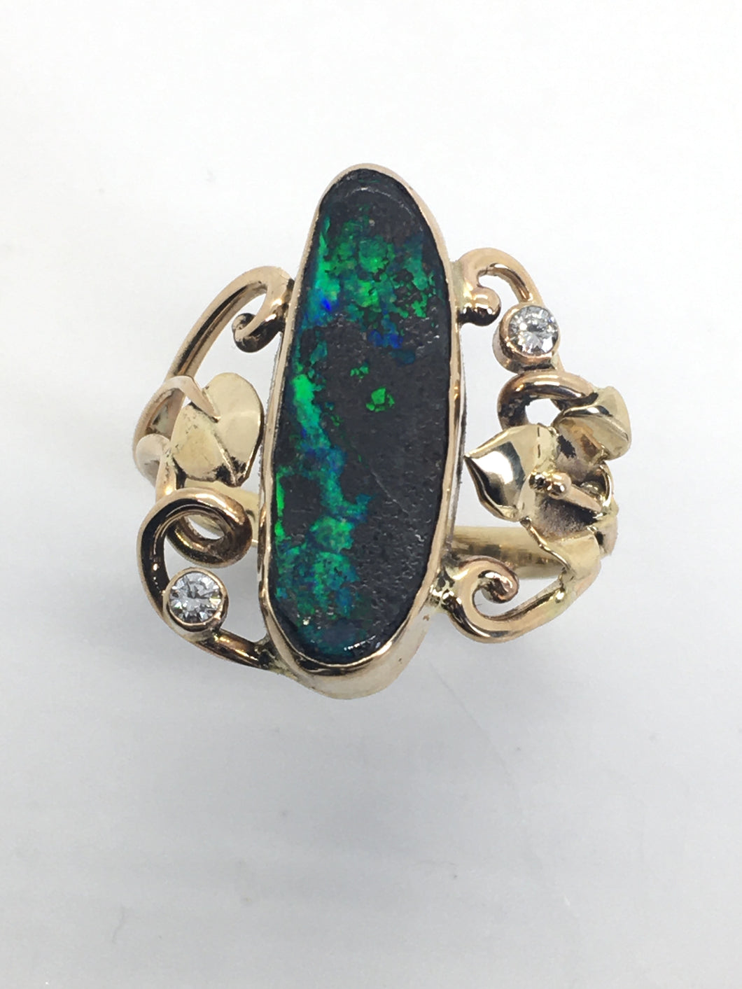 Boulder Opal Ring with Diamonds, Leaves & Swirls