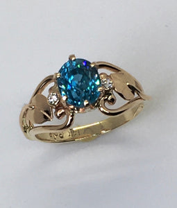 Blue Zircon Open Heart with Leaves and Diamonds Ring