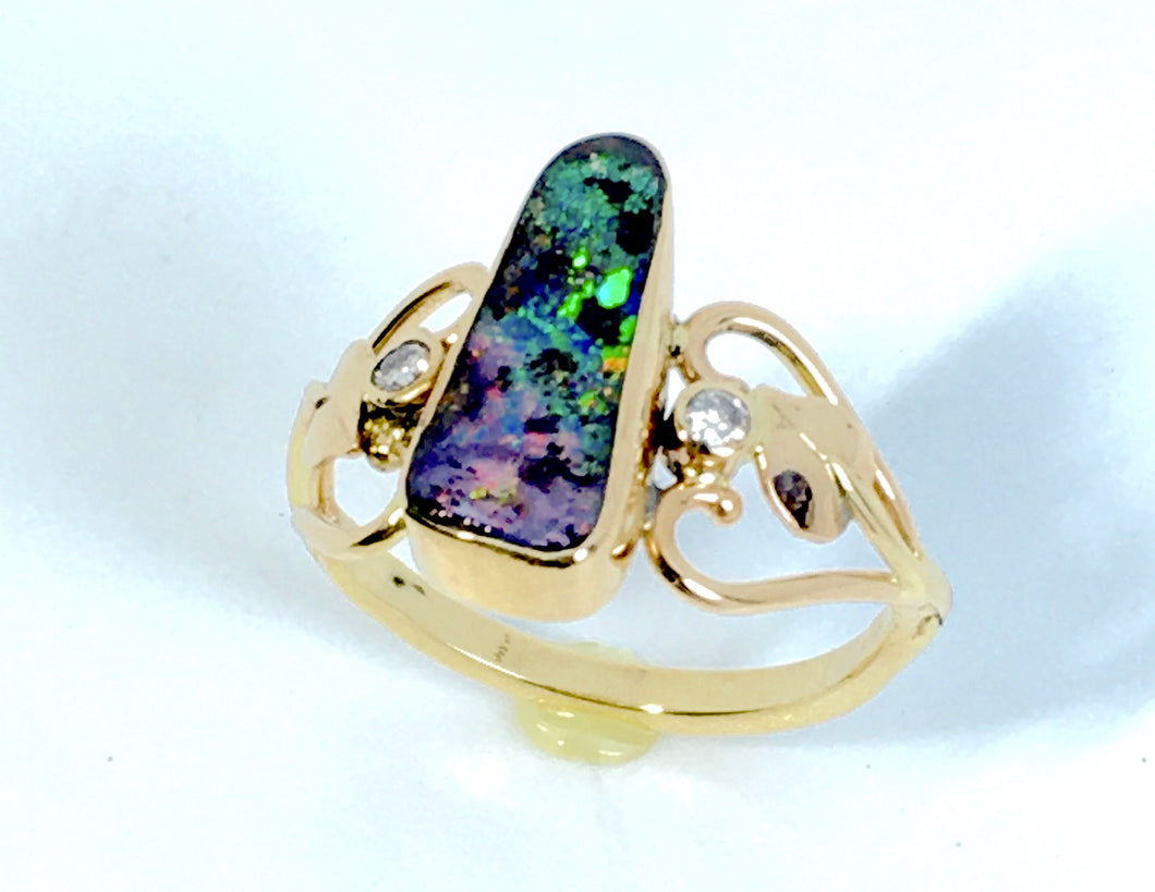 Boulder Opal With Accent Diamonds and Leaves Ring