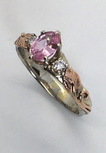 Peachy Pink Ceylon Sapphire Ring with Diamonds and Leaves