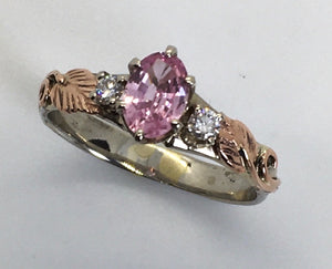 Peachy Pink Ceylon Sapphire Ring with Diamonds and Leaves