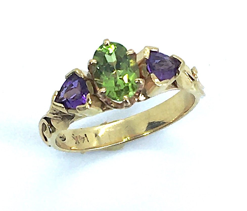 Peridot and Amethyst Ring in 14K Gold