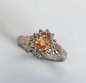 Spessartite Garnet and Diamonds Mixed Gold Halo Ring
