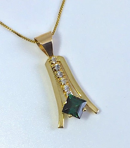 Blue/Green Tourmaline and Diamond Pendant with Chain