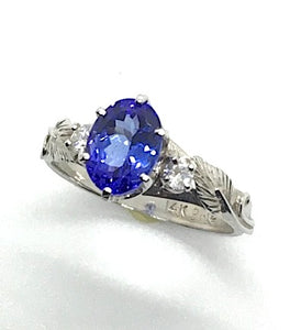 Tanzanite and Diamond Ring with Leaves and Tendrils, White Gold