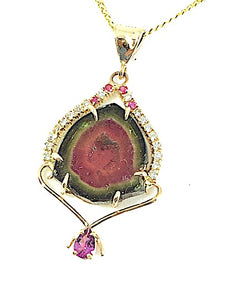 Watermelon Tourmaline Slice Necklace with DIamonds, Sapphires